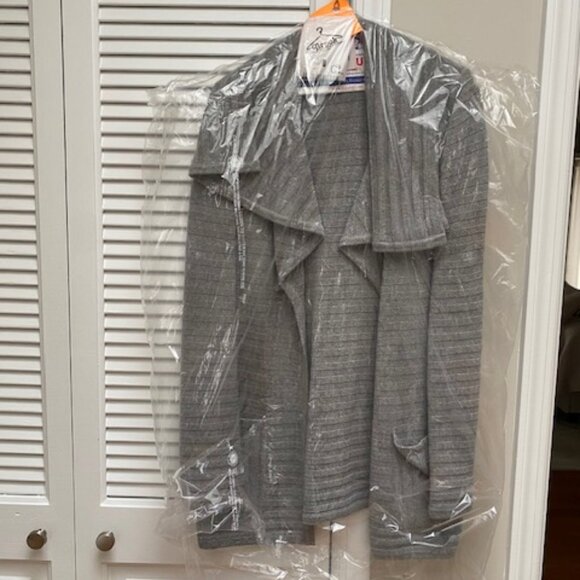 St John Cashmere Gray Rib Open-Front Cardigan Sweater Pockets Size L - Picture 2 of 6